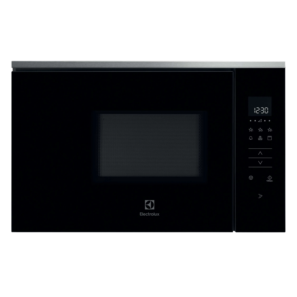 Un microondas empotrable Electrolux negro con pantalla digital y controles táctiles.