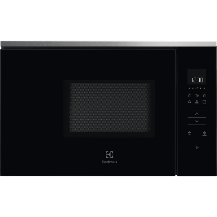 Microondas empotrable Electrolux negro con pantalla digital y panel táctil en el lado derecho.