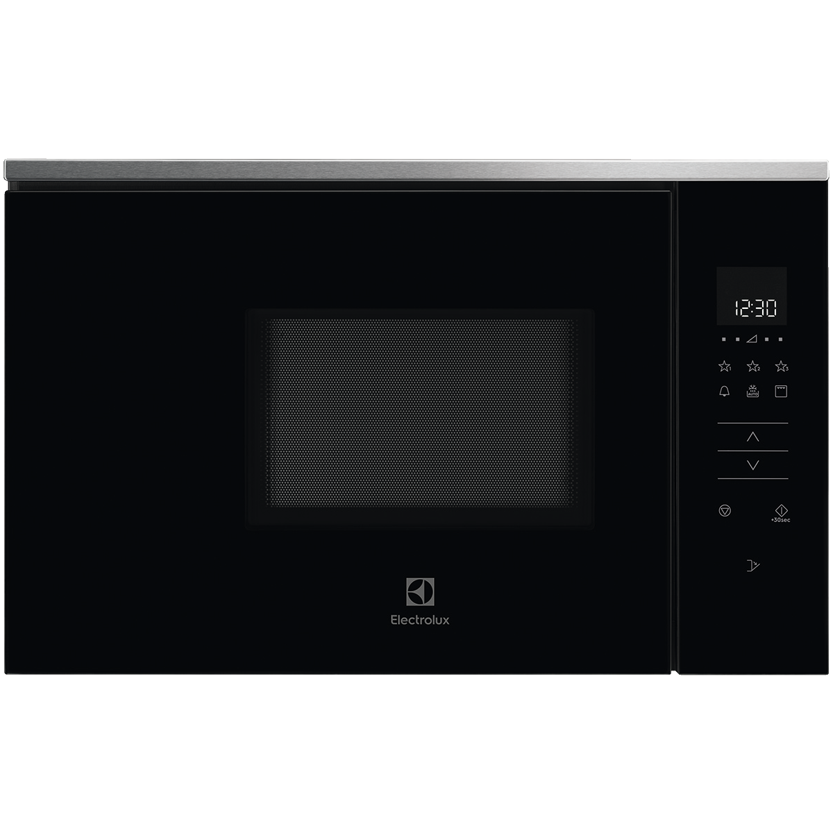 Microondas empotrable Electrolux negro con pantalla digital y moldura de acero superior.