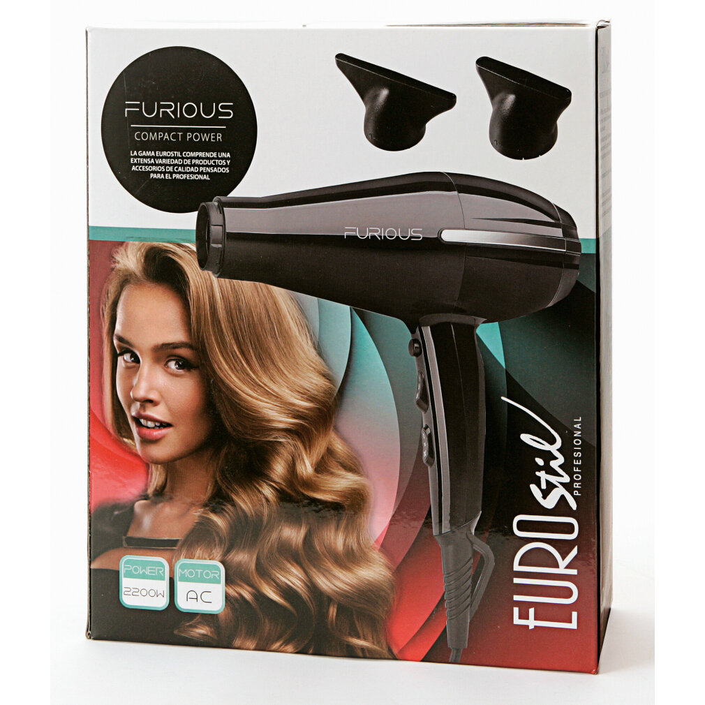 Confezione di un asciugacapelli nero Furious Compact Power con accessori e una donna con i capelli ondulati.