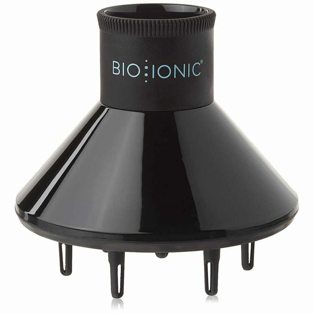 Diffusore per asciugacapelli Bio Ionic nero con scritta blu e dita.