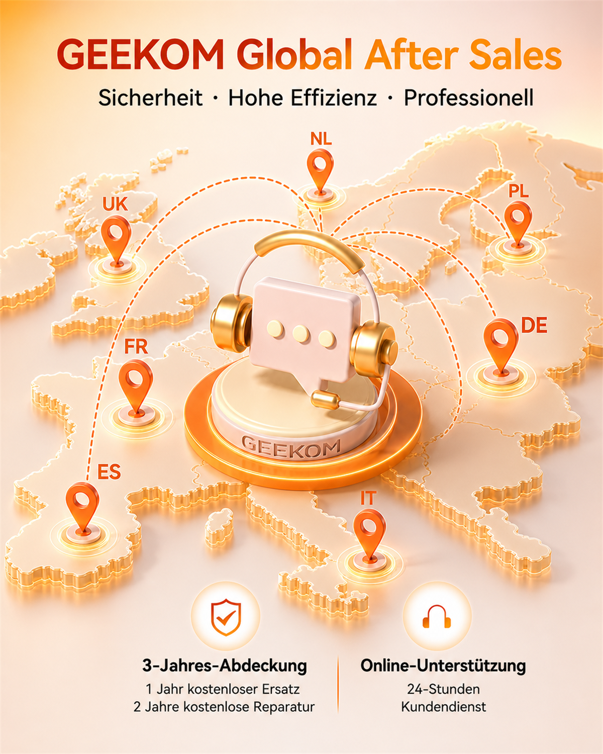 3D-Europa-Karte mit Kopfhörersymbol und Pins zeigt den Geekom-Kundenservice in verschiedenen Ländern.