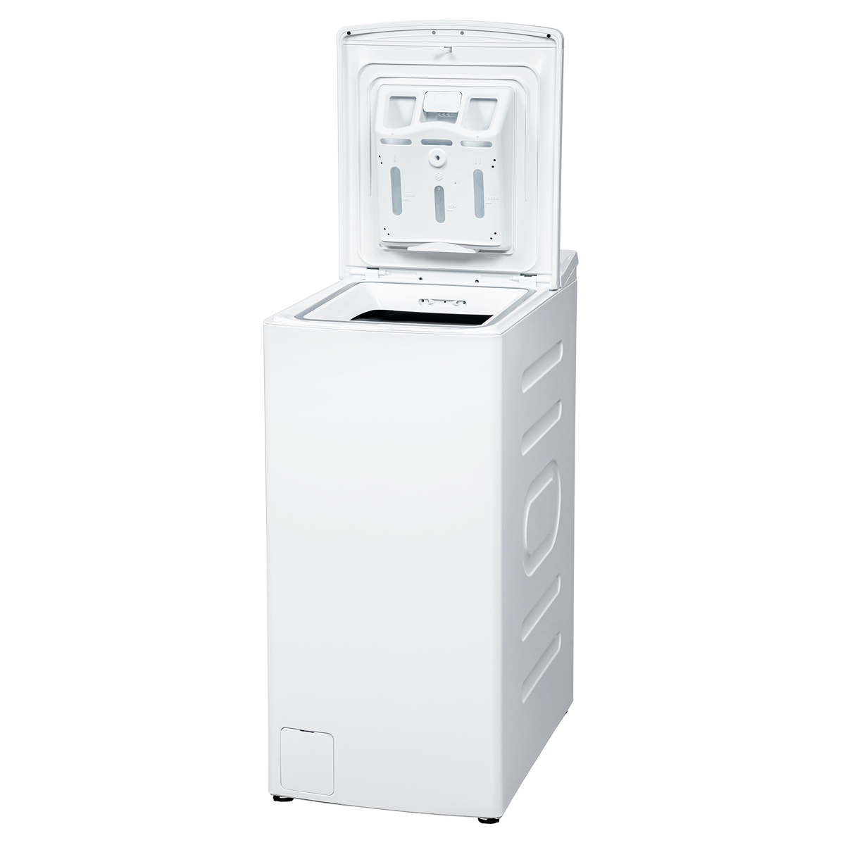Lavadora blanca de carga superior con la tapa abierta, mostrando el dispensador de detergente.