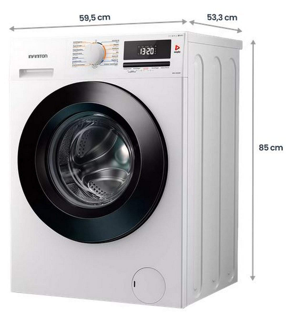 Lavadora blanca con dimensiones: ancho 59,5 cm, profundidad 53,3 cm, alto 85 cm.