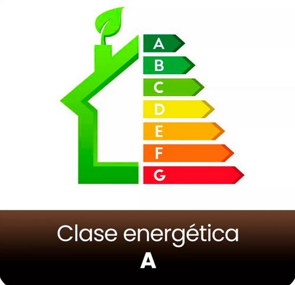 Etiqueta de eficiencia energética con icono de casa verde y barras de la A a la G, destacando la clase A.