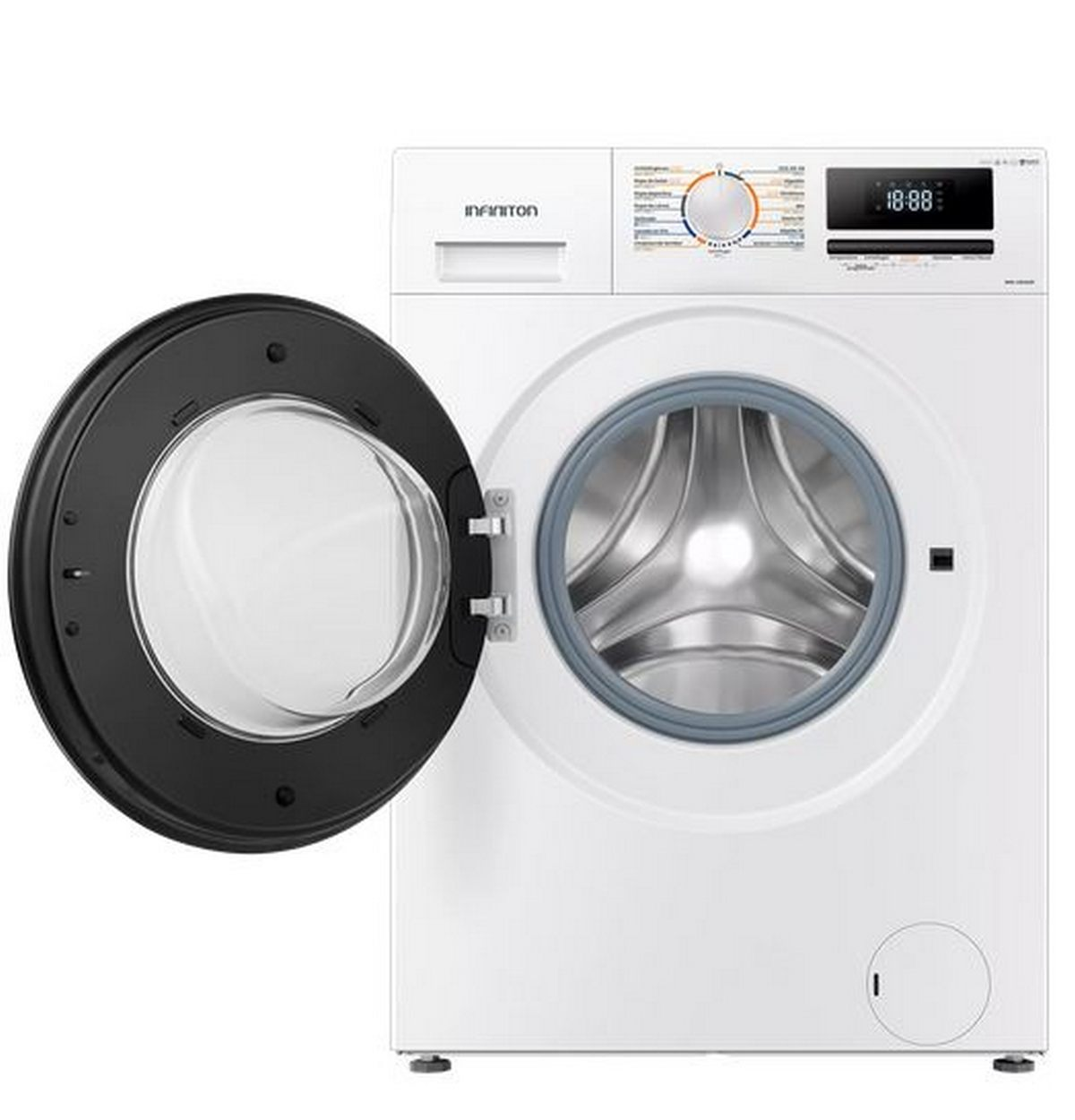 Una lavadora blanca de carga frontal con puerta de cristal negra abierta, mando de control y pantalla.