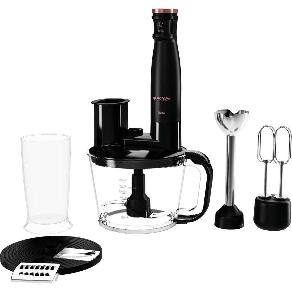 Doğrayıcı kase, ölçü kabı, çırpıcı ve dilimleme bıçakları olan siyah Arçelik el blender seti.