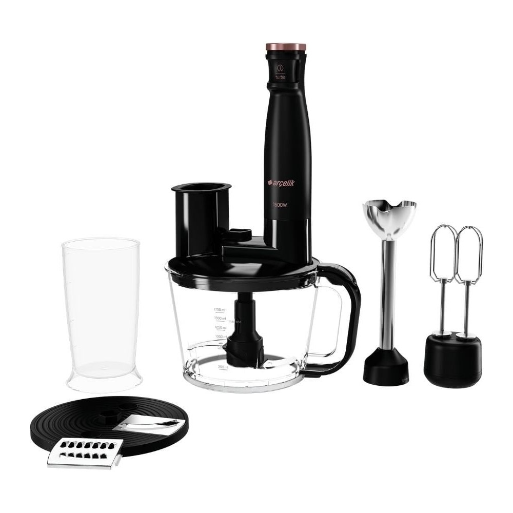 Doğrayıcı kase, ölçü kabı, blender ayağı, çırpıcı başlıklar ve rende diskleri içeren siyah el blender seti.