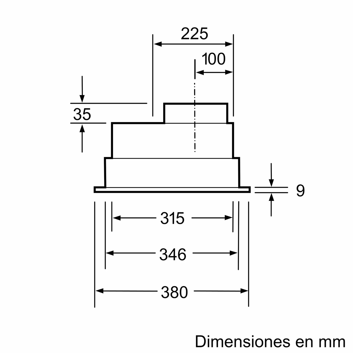 Dibujo técnico de un componente de varios niveles con dimensiones en milímetros.