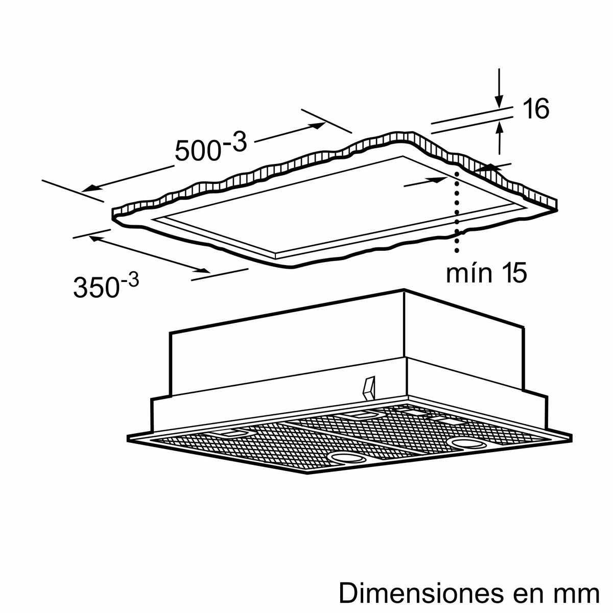 Dibujo técnico con dimensiones de instalación en milímetros para una campana extractora.