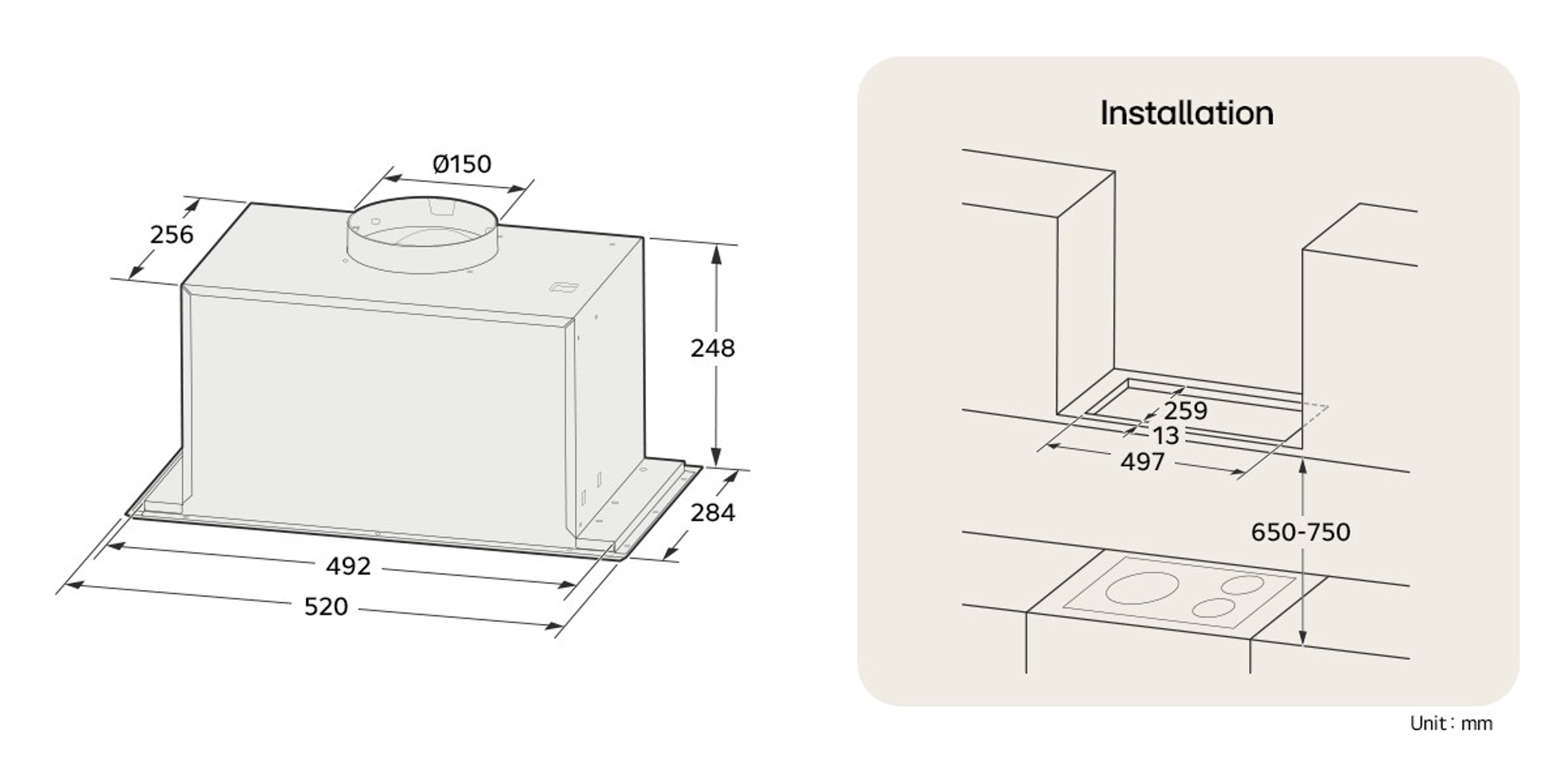Dibujo técnico de una campana extractora con dimensiones y guía de instalación en mm.