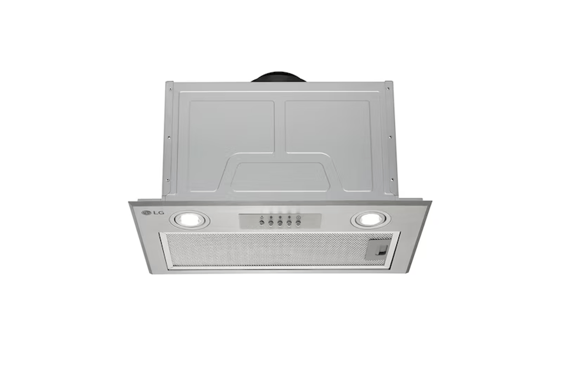 Campana extractora empotrable de acero inoxidable con dos luces LED, botones y filtro.