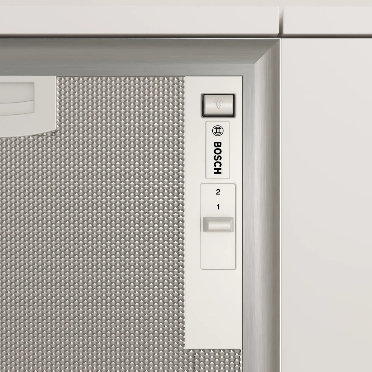 Panel de control de una campana extractora blanca Bosch con interruptor y control de velocidad.