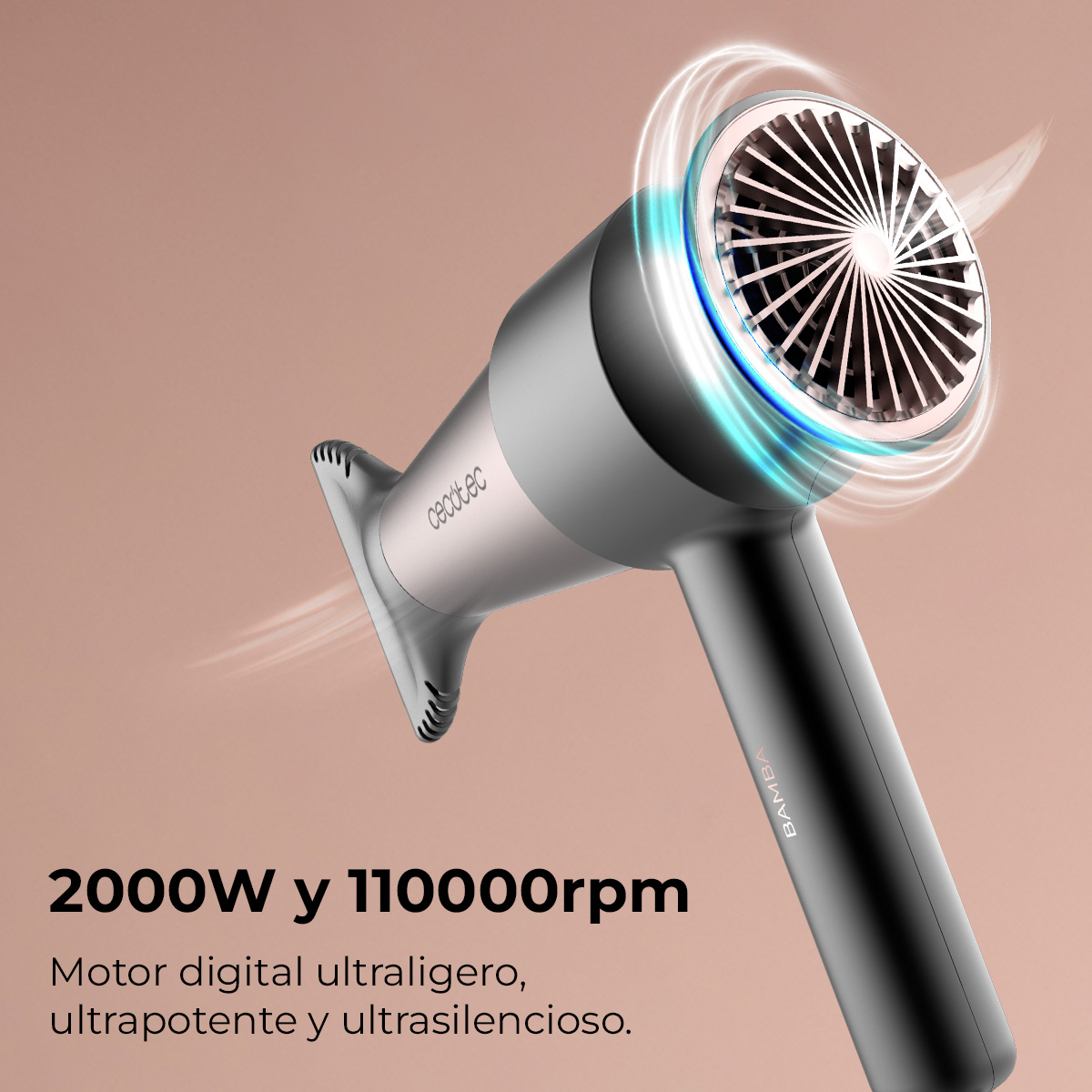 Moderner grauer Cecotec-Haartrockner mit blauem Lichteffekt, Luftströmen und Text über den 2000W Motor.