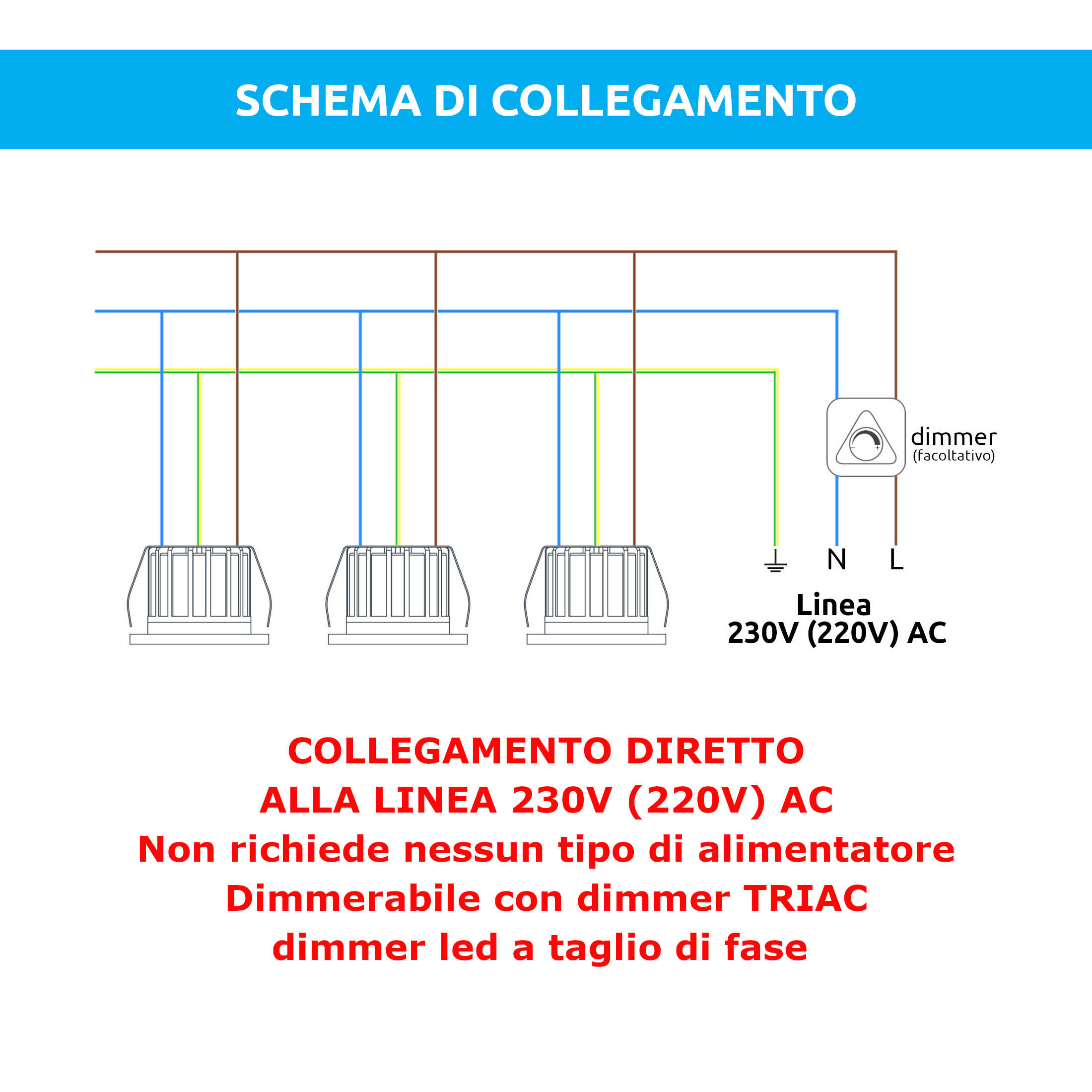 Schema di collegamento per luci LED 230V AC con dimmer opzionale.