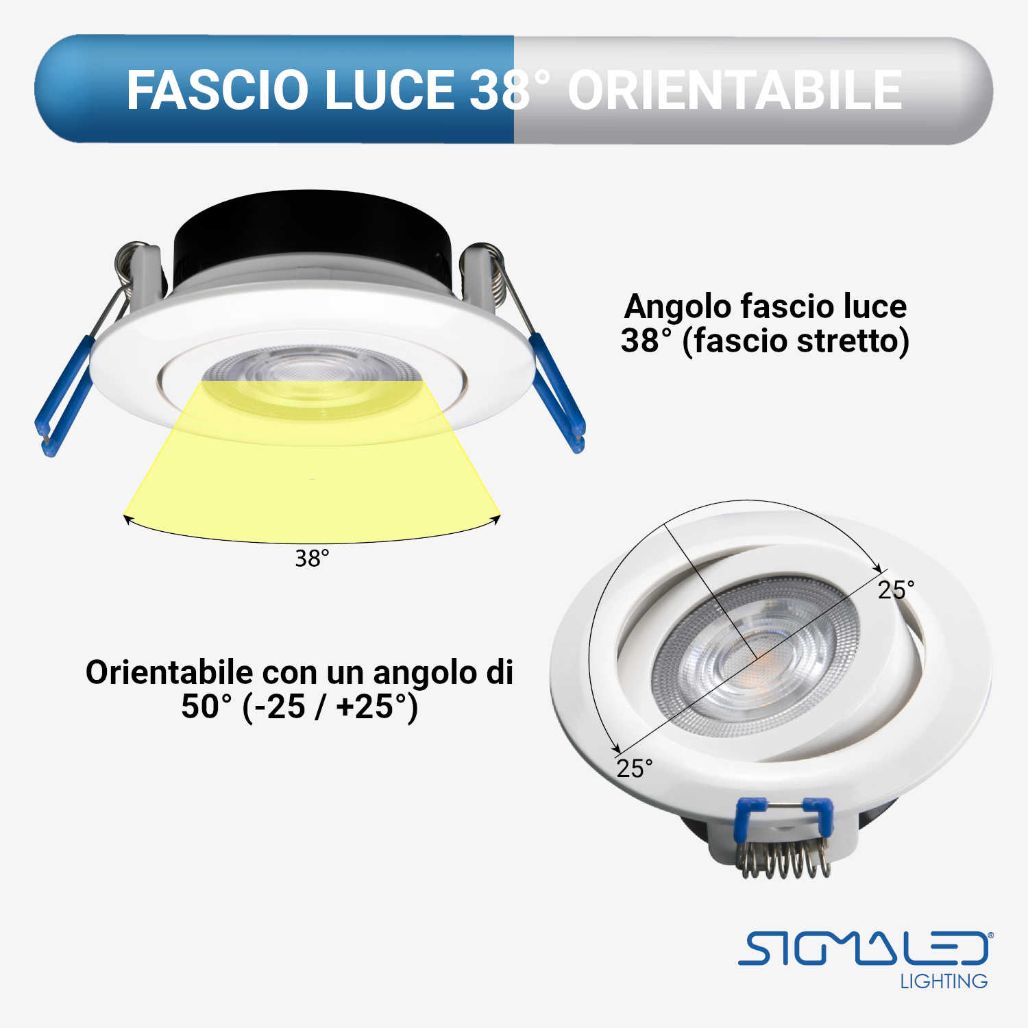 Faretto LED da incasso con fascio luminoso di 38 gradi e inclinazione di 50 gradi.