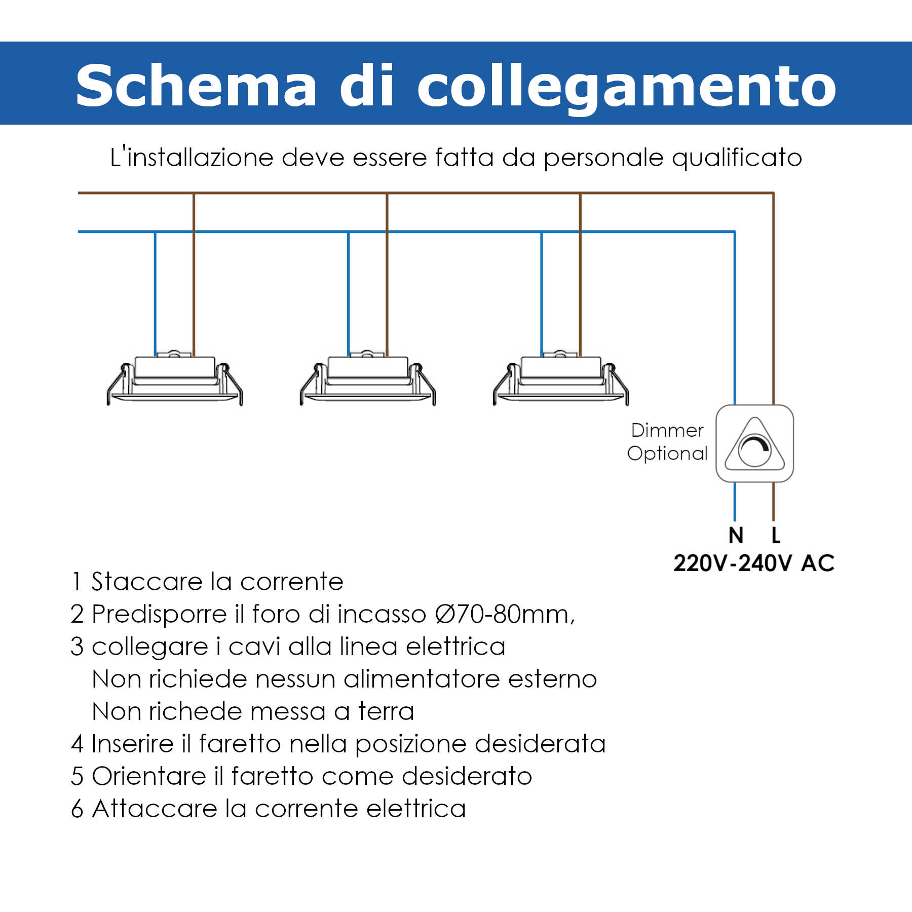 Schema di collegamento con tre faretti da incasso, dimmer opzionale e istruzioni di installazione.