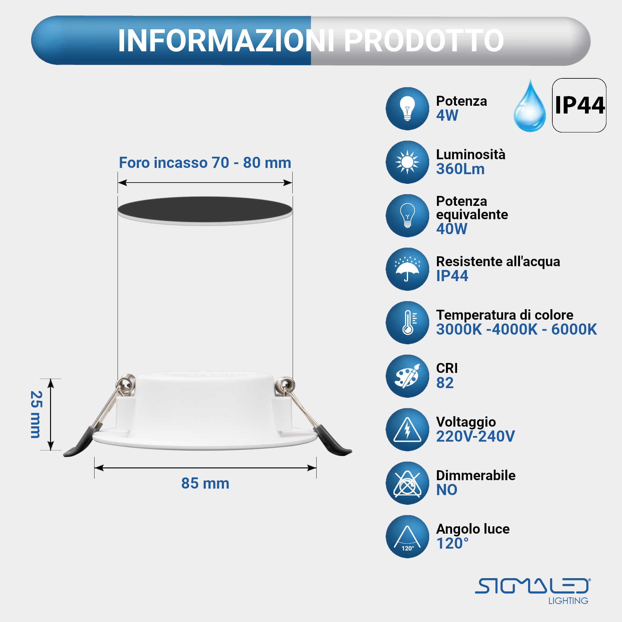 Specifiche tecniche e dimensioni di un faretto da incasso bianco con IP44.