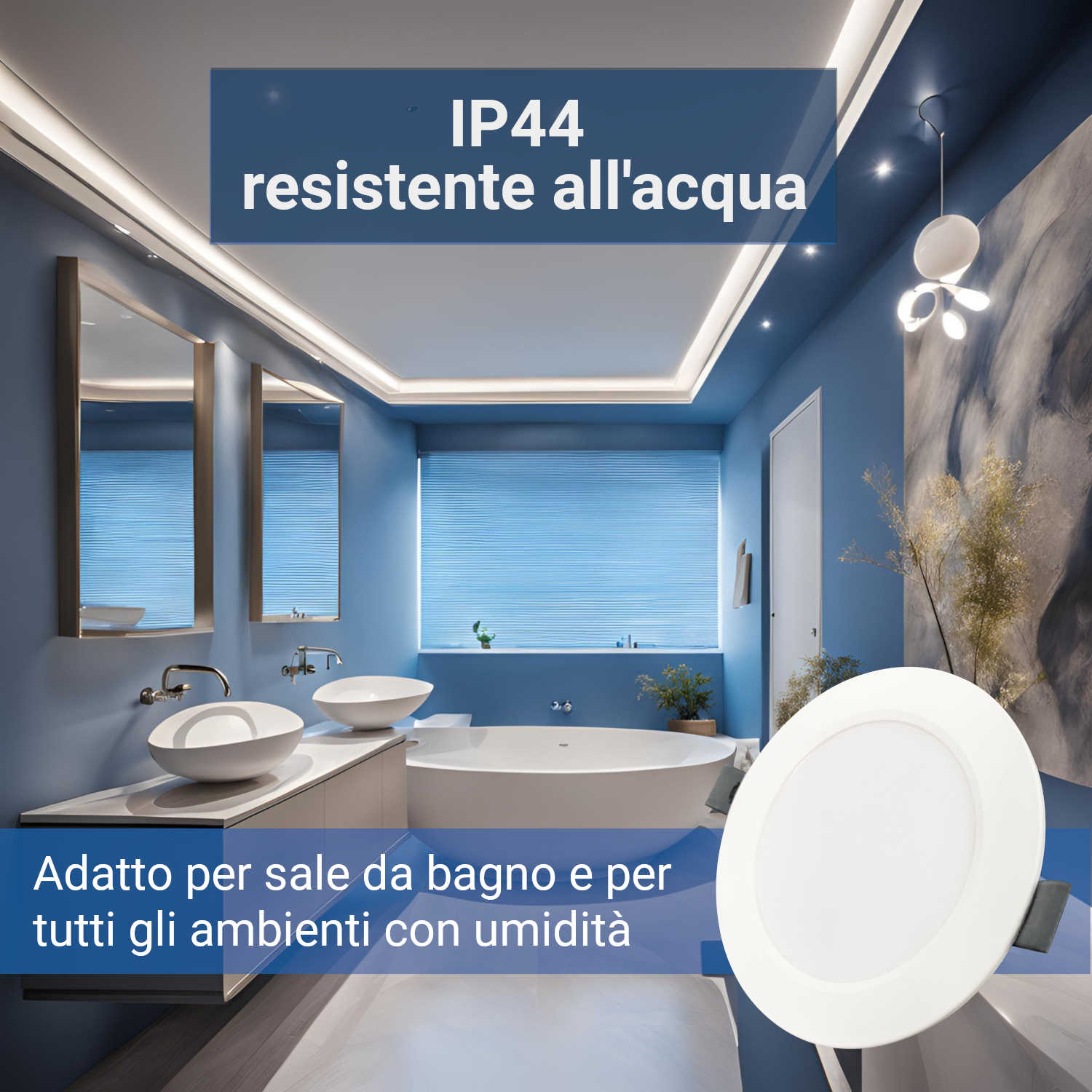 Un faretto LED bianco da incasso davanti a un moderno bagno blu con doppi lavabi e vasca.