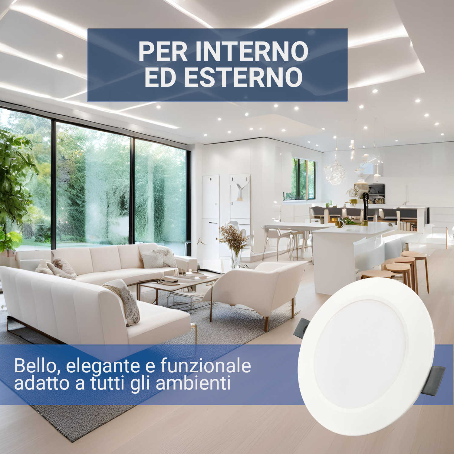 Un interno moderno e luminoso di soggiorno e cucina con un faretto LED rotondo e bianco nell'angolo in basso a destra.