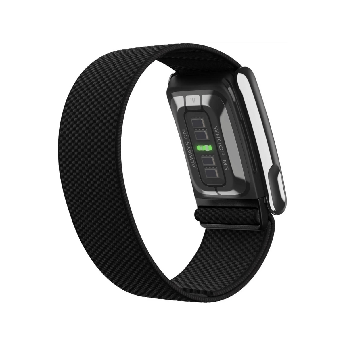Un braccialetto fitness nero con cinturino testurizzato mostra il retro con sensori e luci verdi.