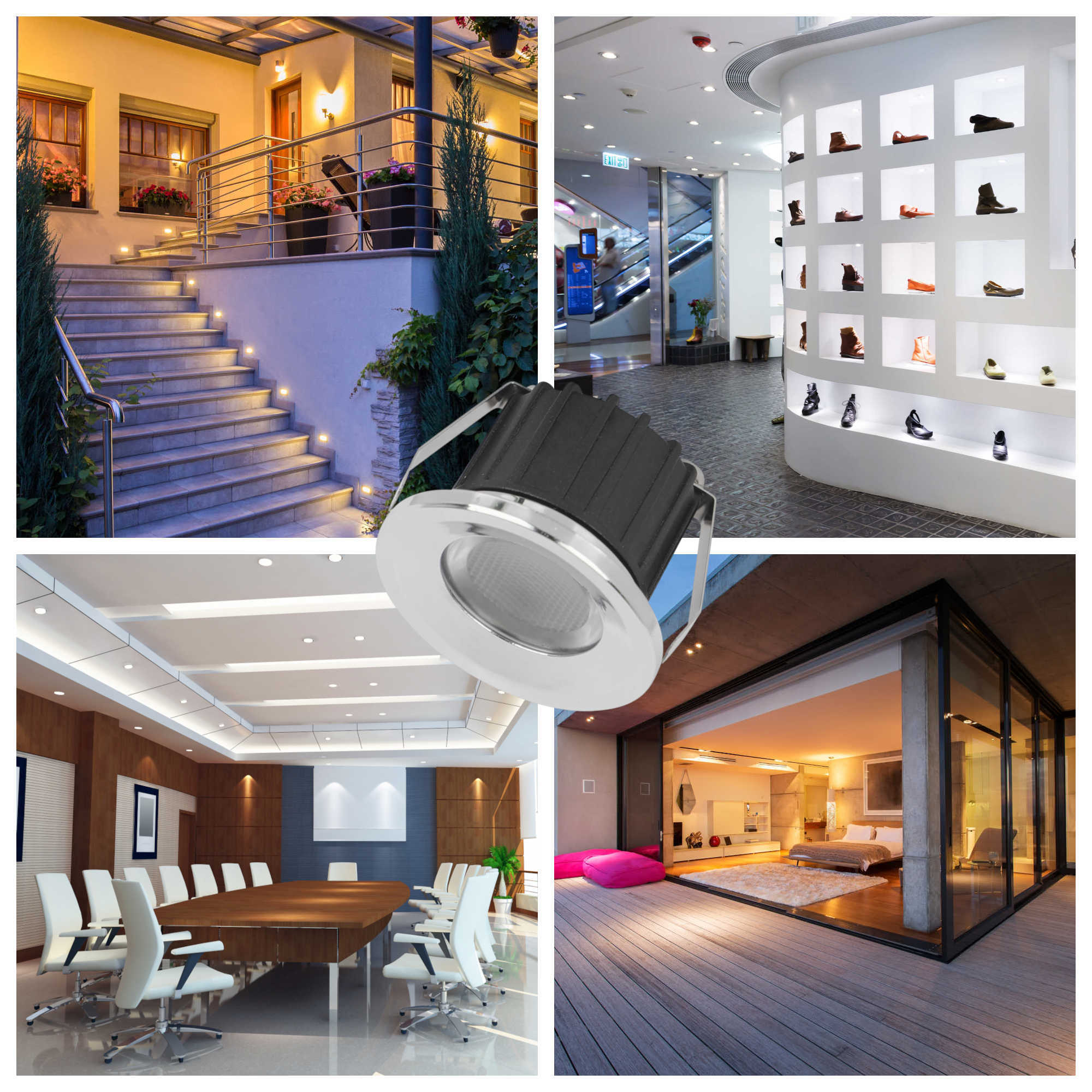 Moderni faretti LED da incasso illuminano diverse scene tra cui scale, negozi, una sala riunioni e case.