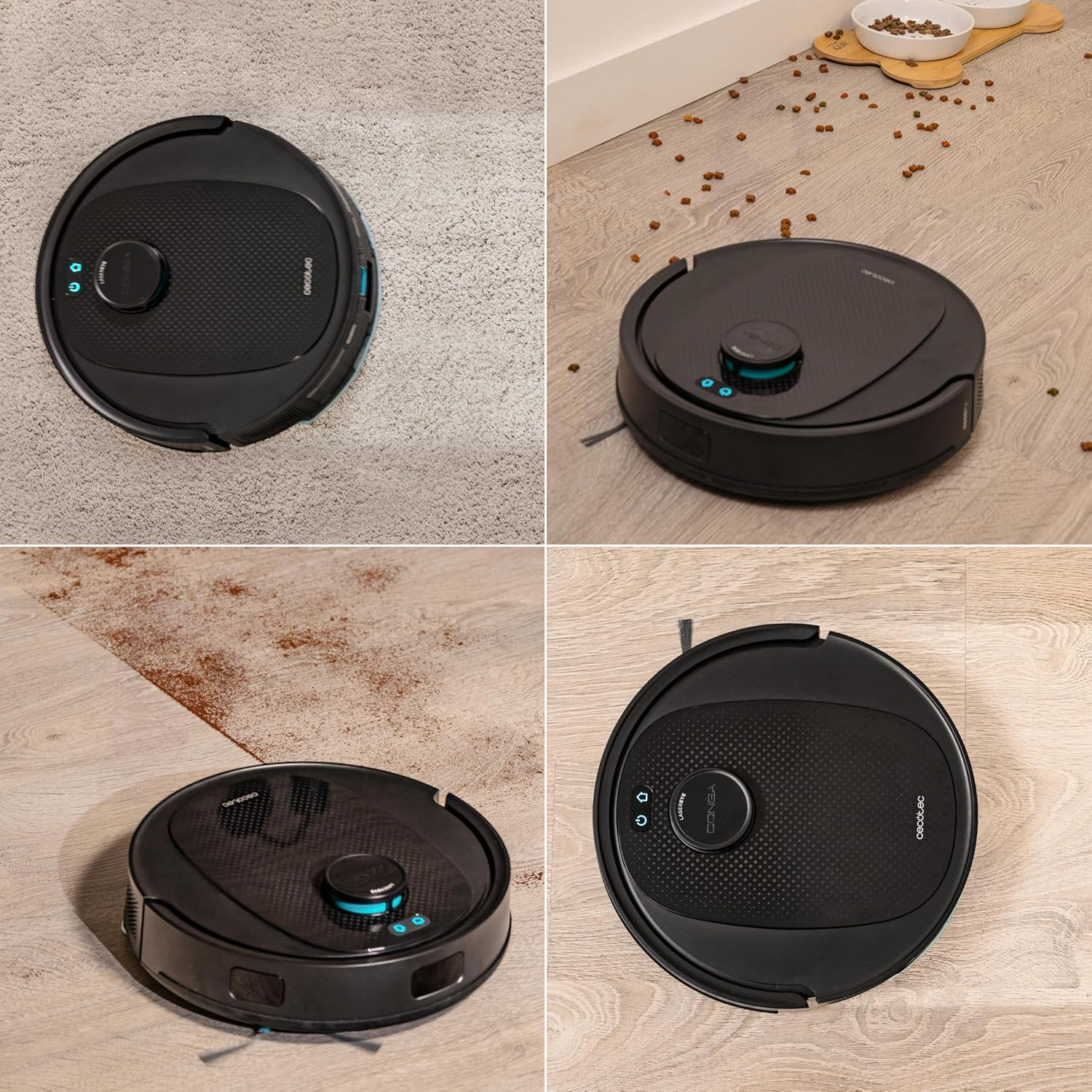 Ein schwarzer Saugroboter reinigt verschiedene Bodenbeläge wie Teppich und Holz mit verstreutem Schmutz.
