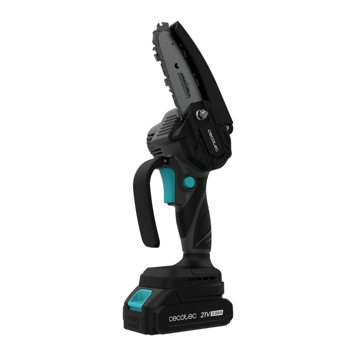 Una mini motosierra inalámbrica negra y azul con la marca Cecotec sobre fondo negro.