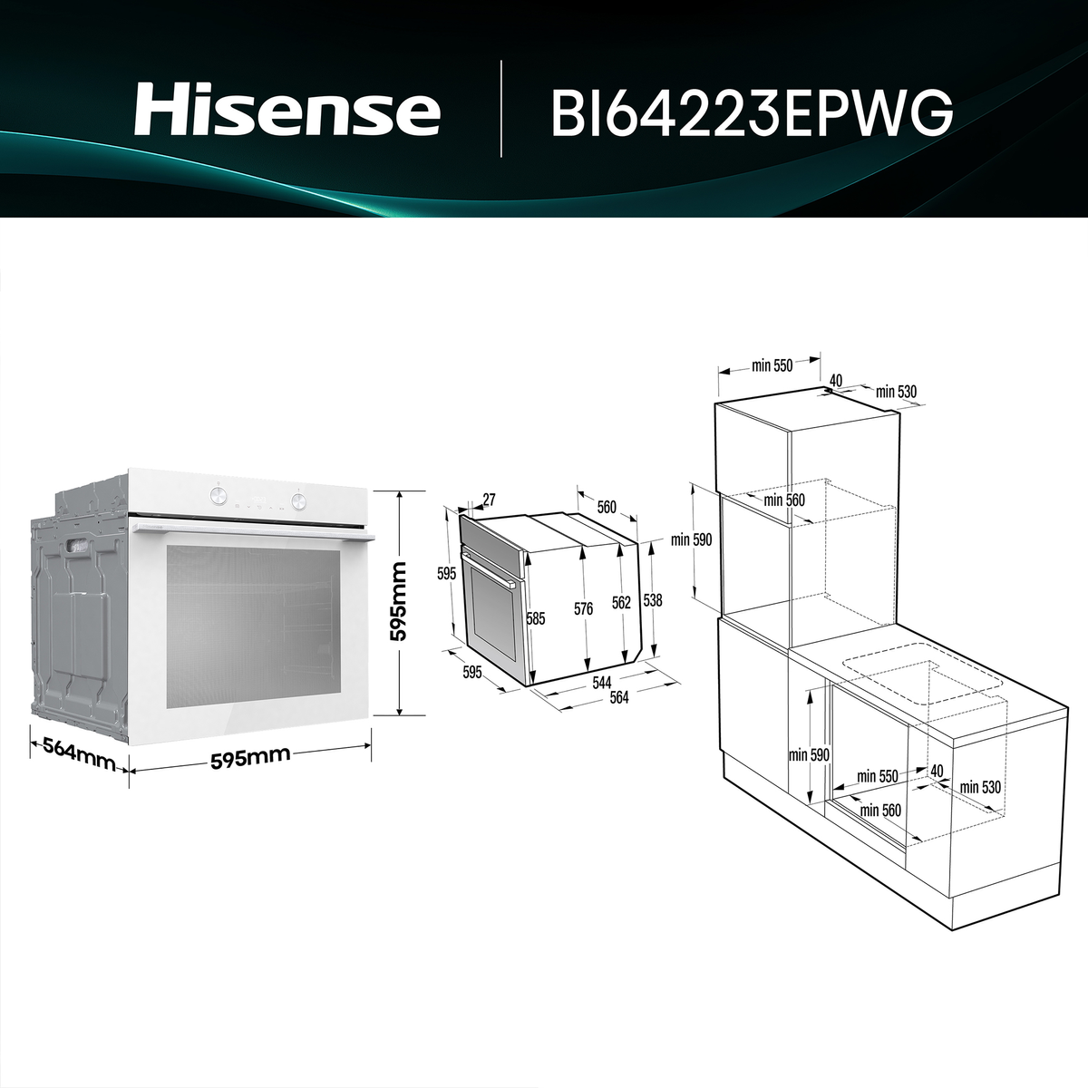Diagrama técnico que muestra las dimensiones y medidas de instalación del horno Hisense BI64223EPWG.