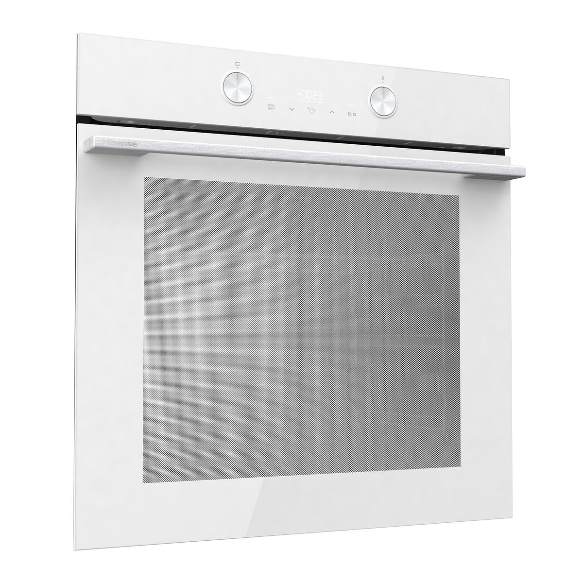 Moderno horno empotrado blanco con mandos plateados y una gran ventana de cristal.