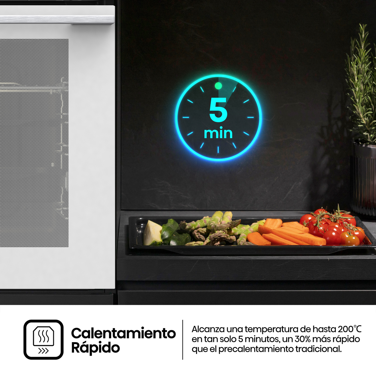 Un horno y bandeja con verduras bajo un círculo azul brillante que indica 5 min.