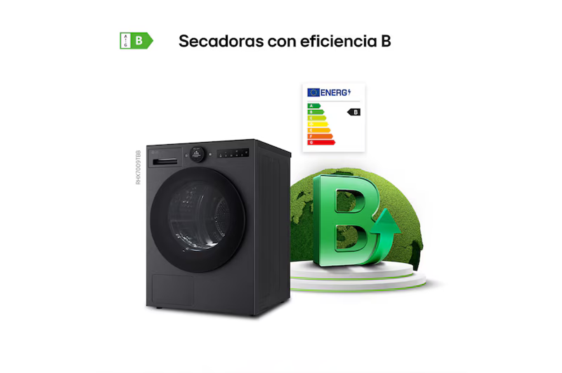 Una secadora gris con eficiencia energética B y un símbolo B verde frente a un globo terráqueo.