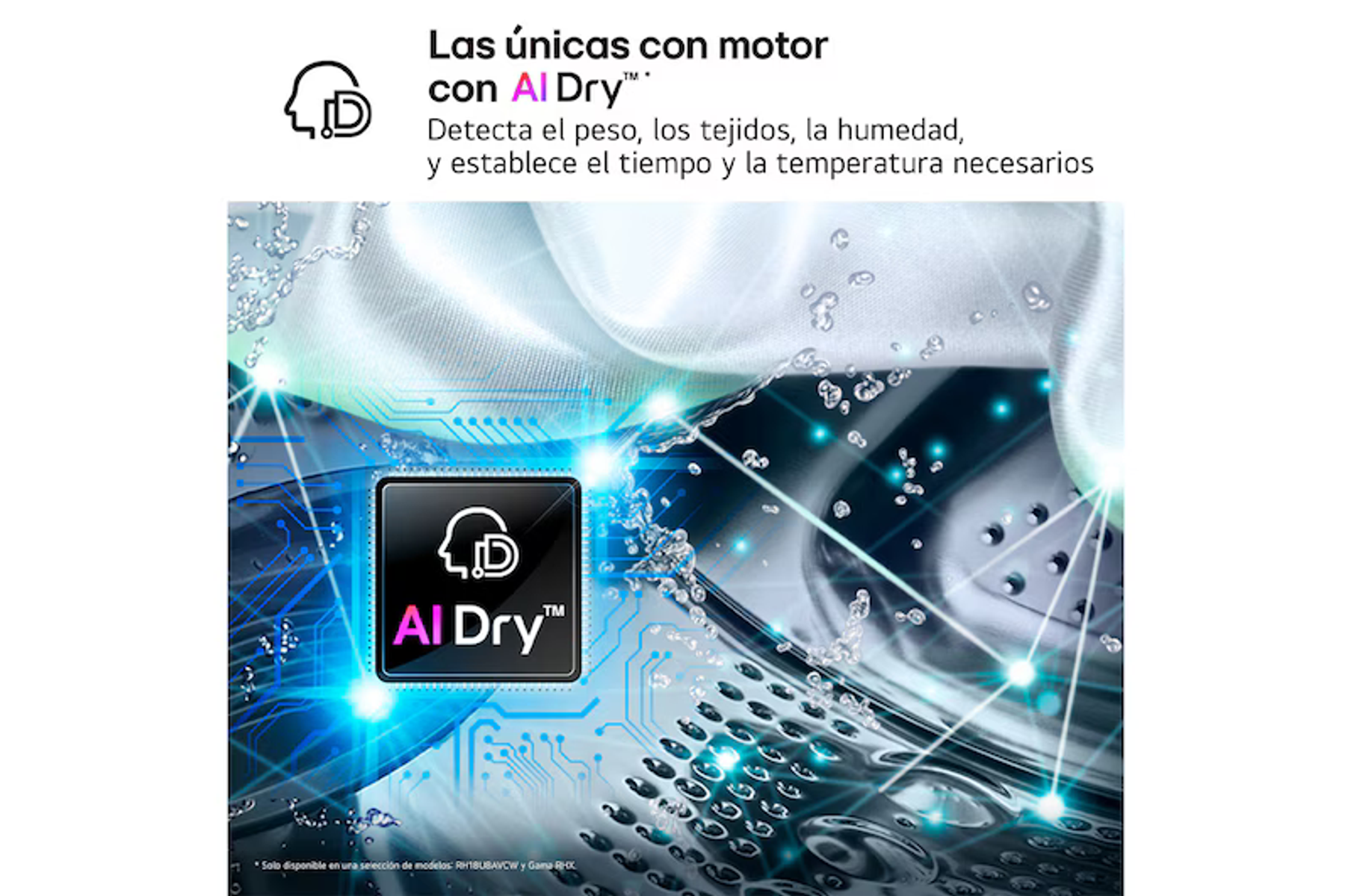 Imagen promocional para la tecnología AI Dry en una secadora con gotas de agua y gráficos de circuitos electrónicos.
