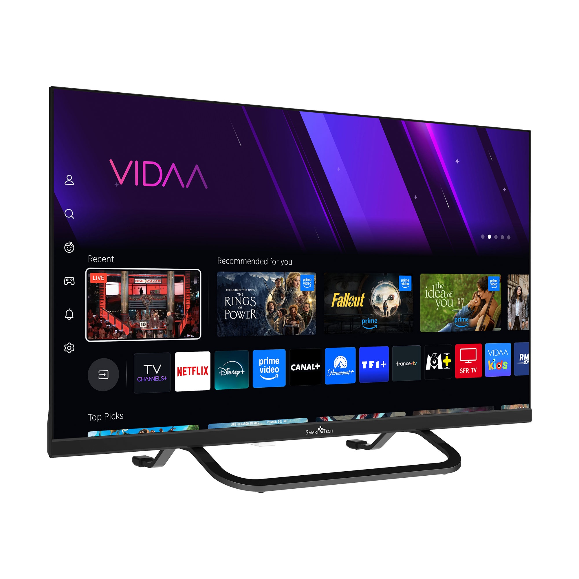 Un televisor inteligente con soporte curvo muestra la pantalla de inicio de VIDAa con varias aplicaciones.