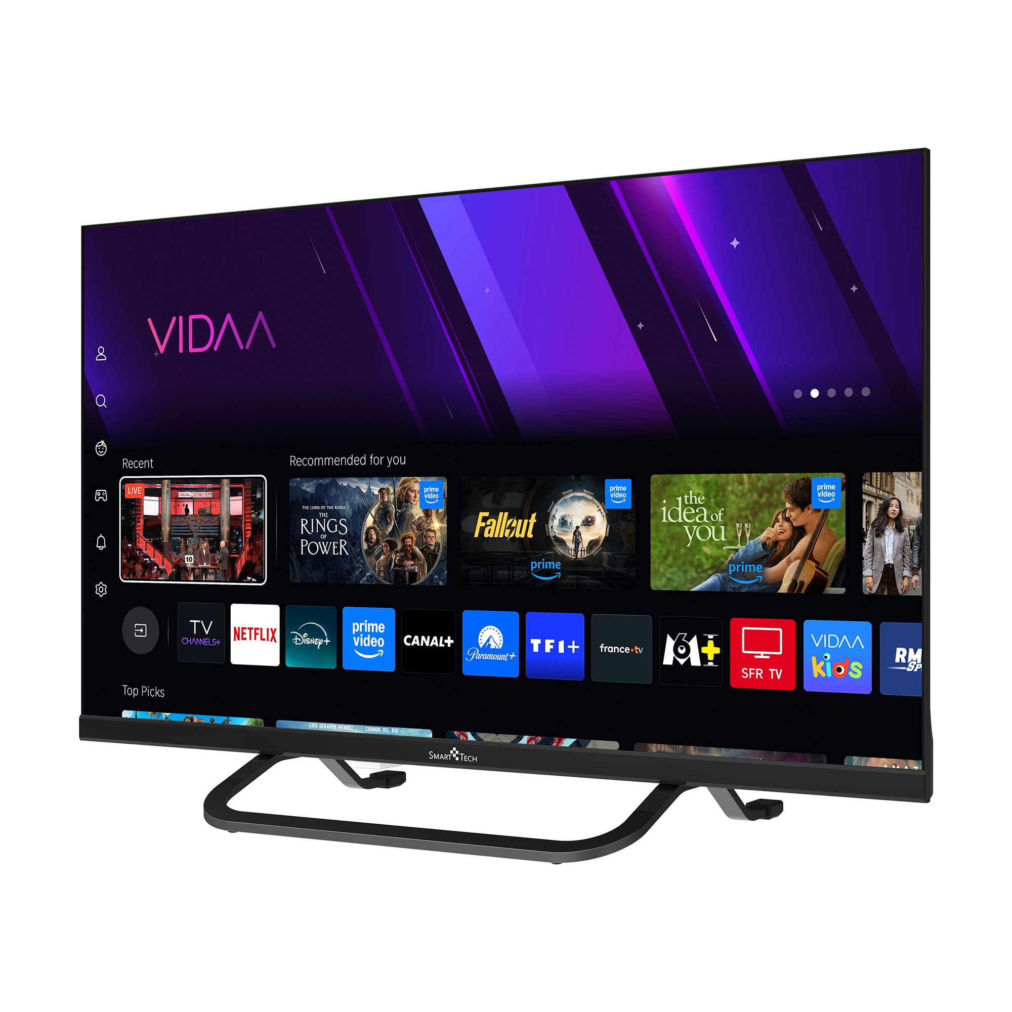 Un televisor inteligente moderno que muestra la interfaz VIDAA con varias aplicaciones de streaming.