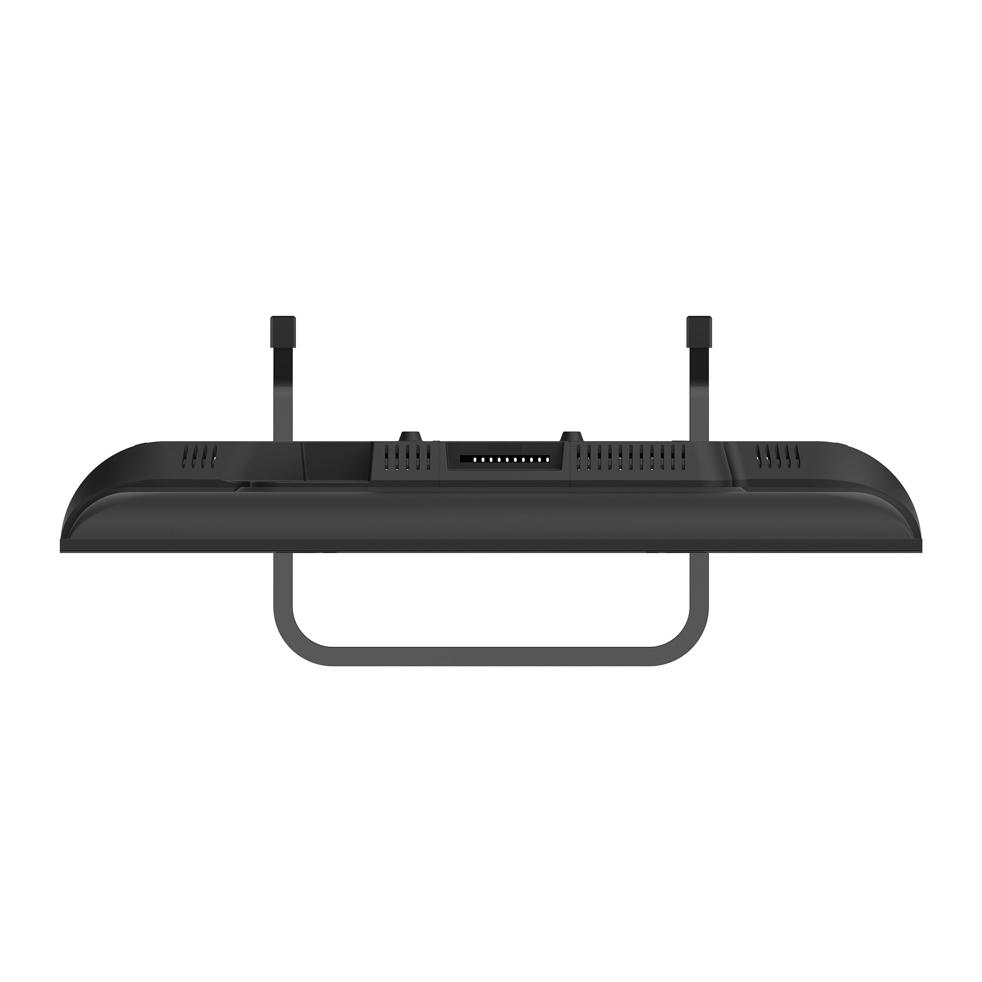 Vista trasera de un televisor negro con soporte sobre fondo blanco.