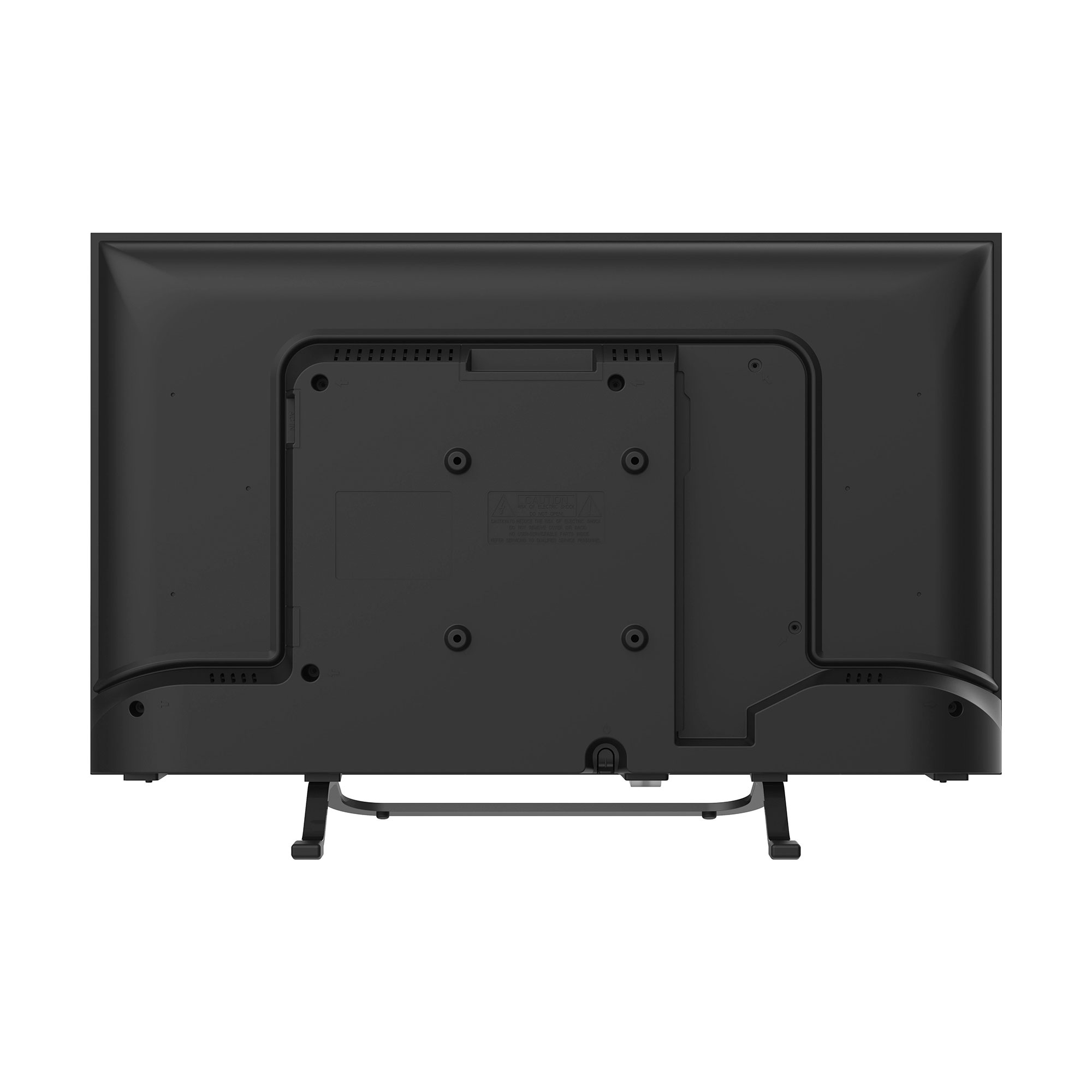 Vista trasera de un televisor negro que muestra su panel posterior, orificios de montaje y soporte sobre fondo blanco.