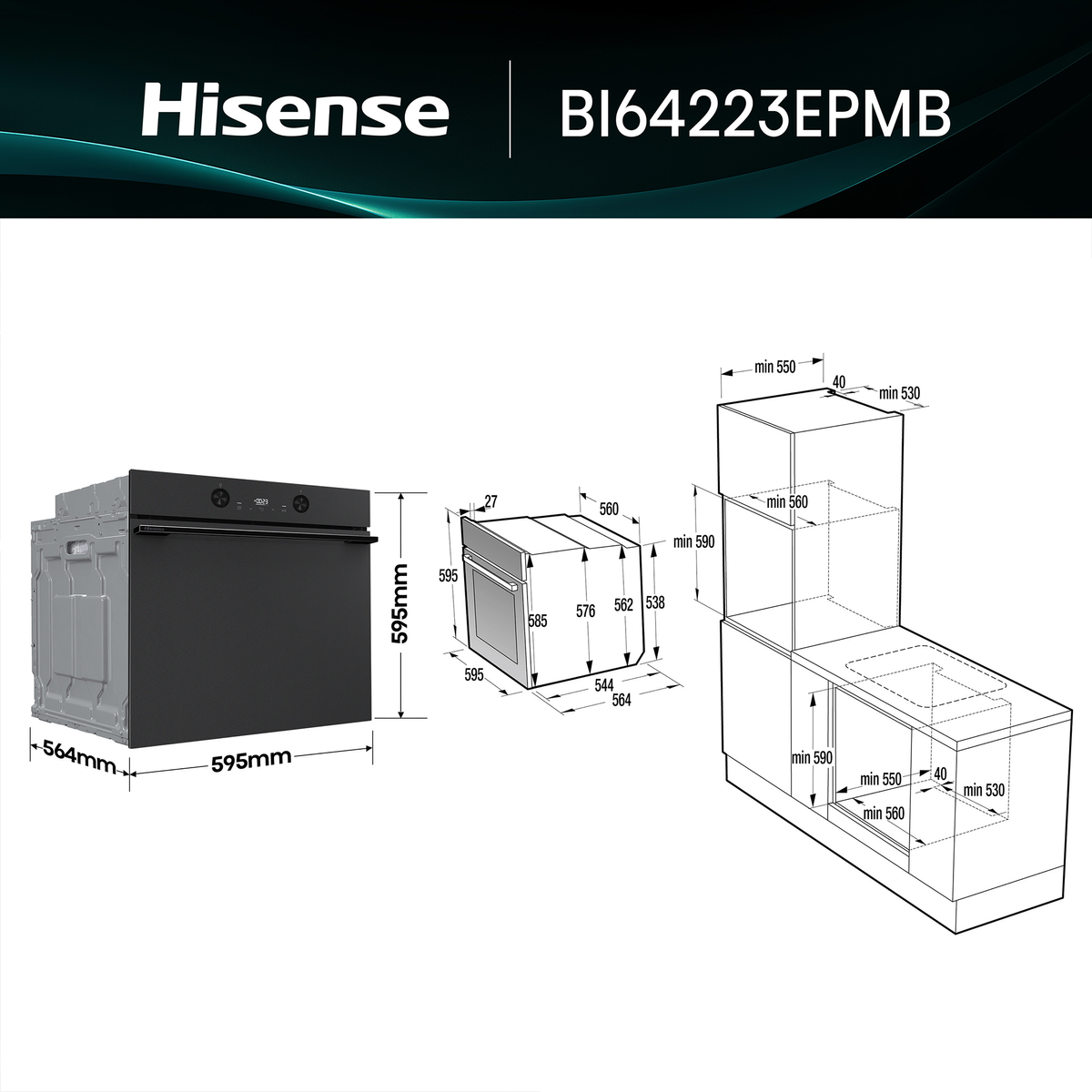 Dimensiones y vista del horno Hisense BI64223EPMB.