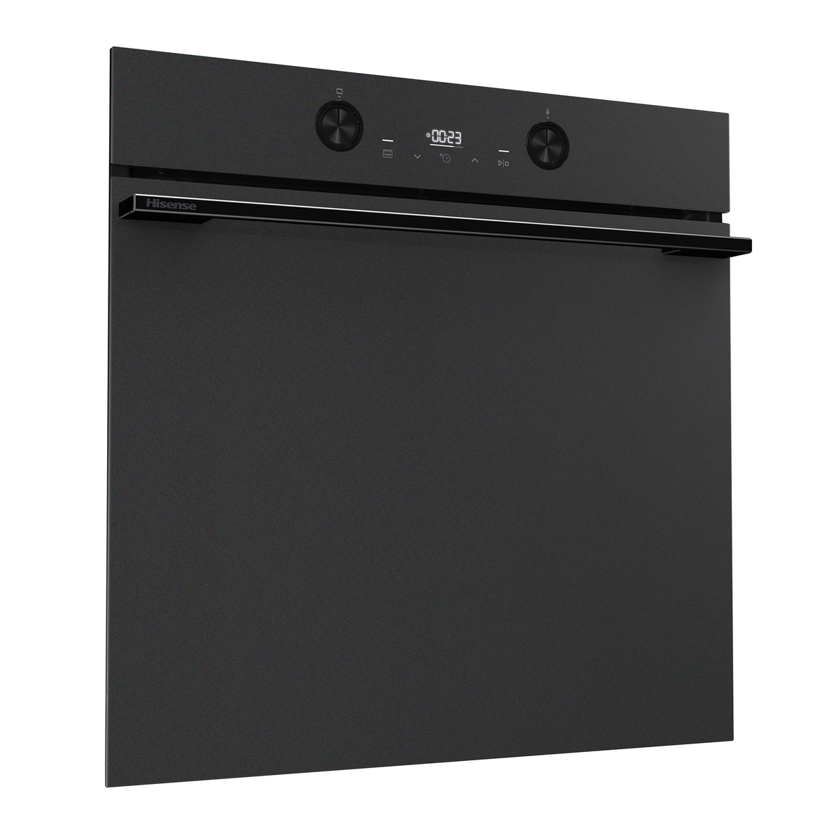 Moderno horno negro Hisense con pantalla digital y mandos giratorios.