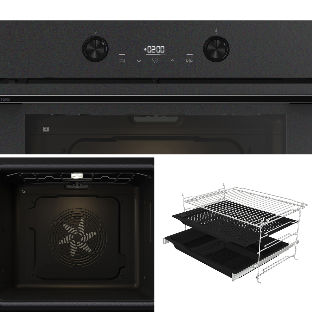 Controles de horno negros modernos, interior iluminado con ventilador y rejillas y bandejas extraíbles.