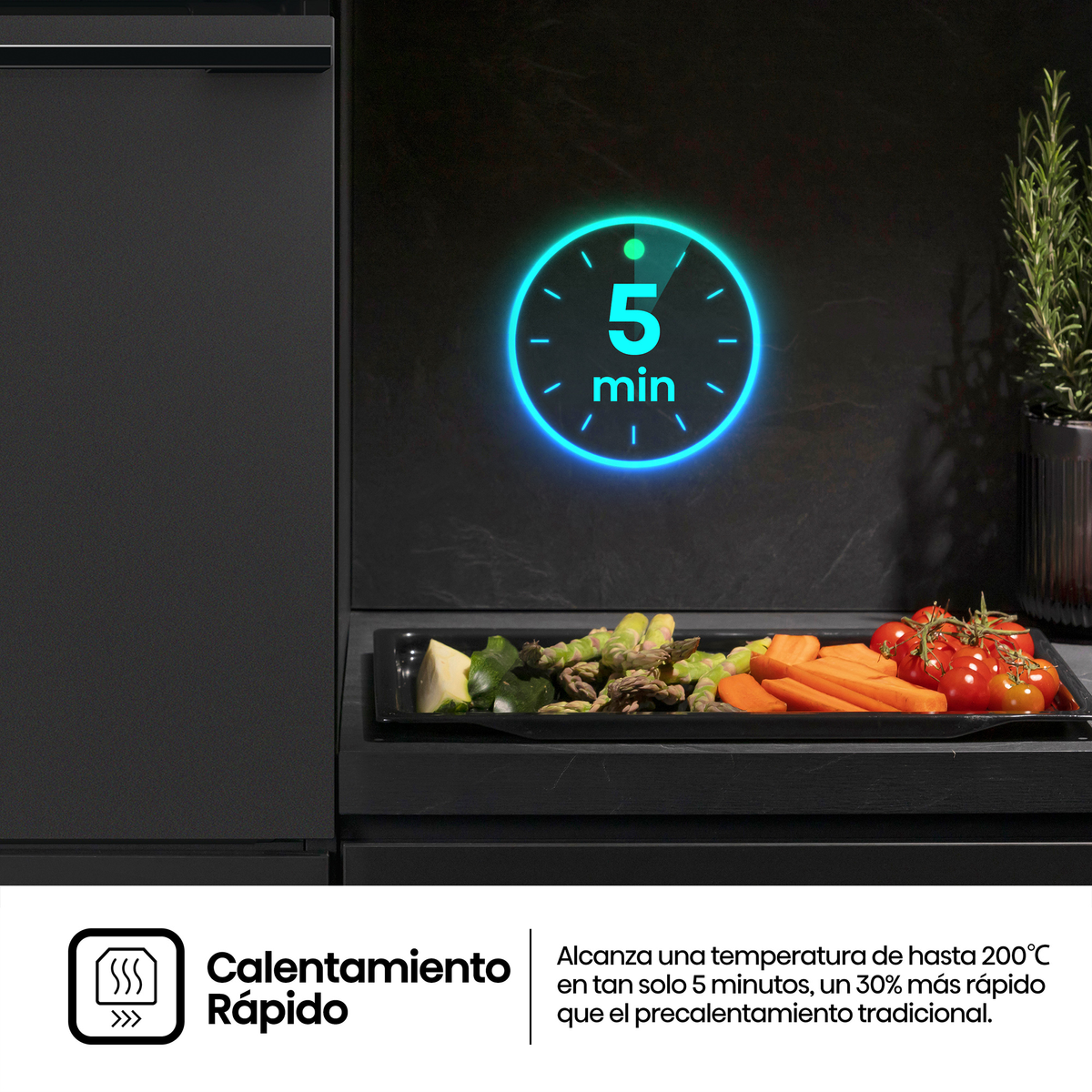 Un temporizador iluminado muestra 5 minutos sobre una bandeja de verduras.