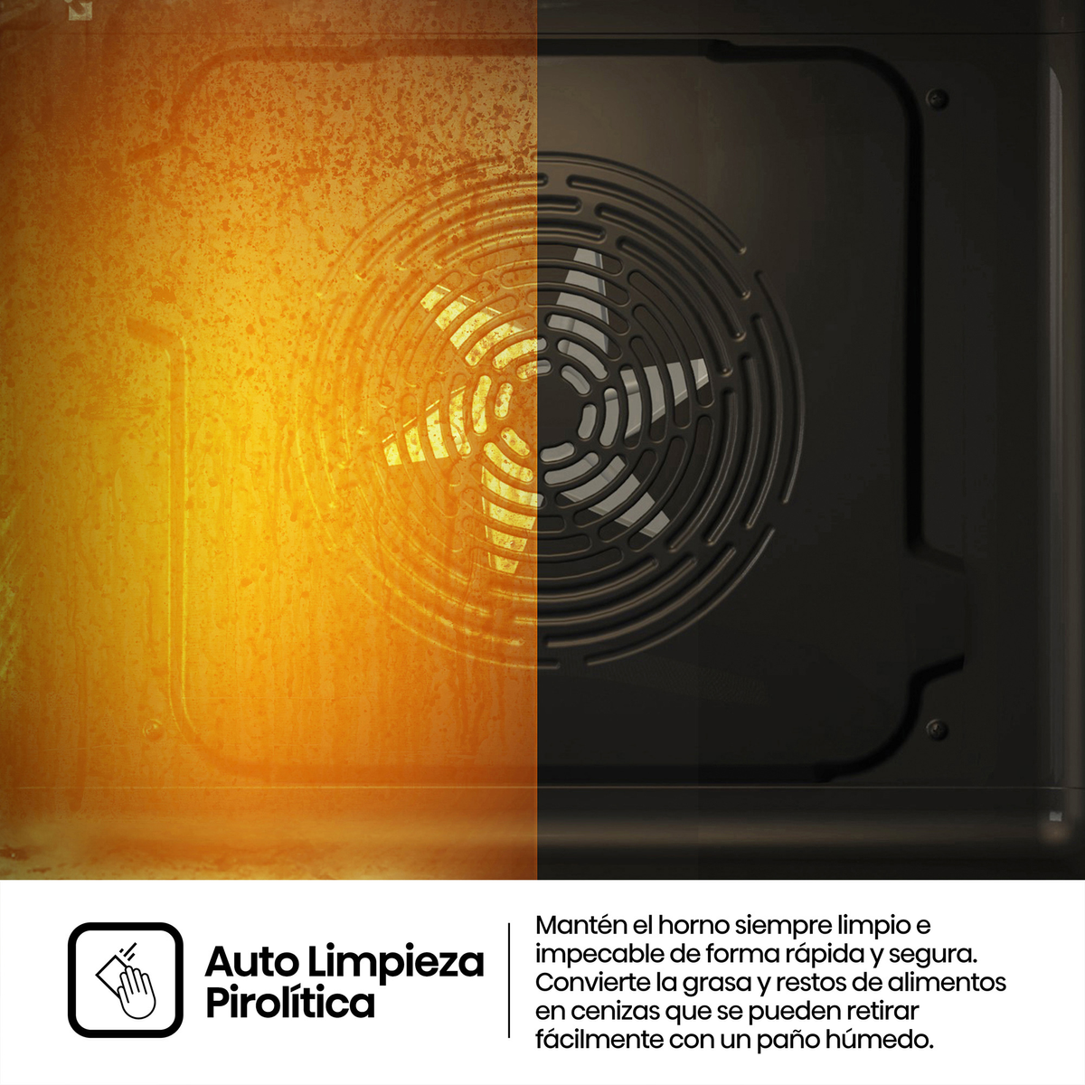Comparación de horno: interior naranja sucio a la izquierda frente a interior negro limpio a la derecha con texto.