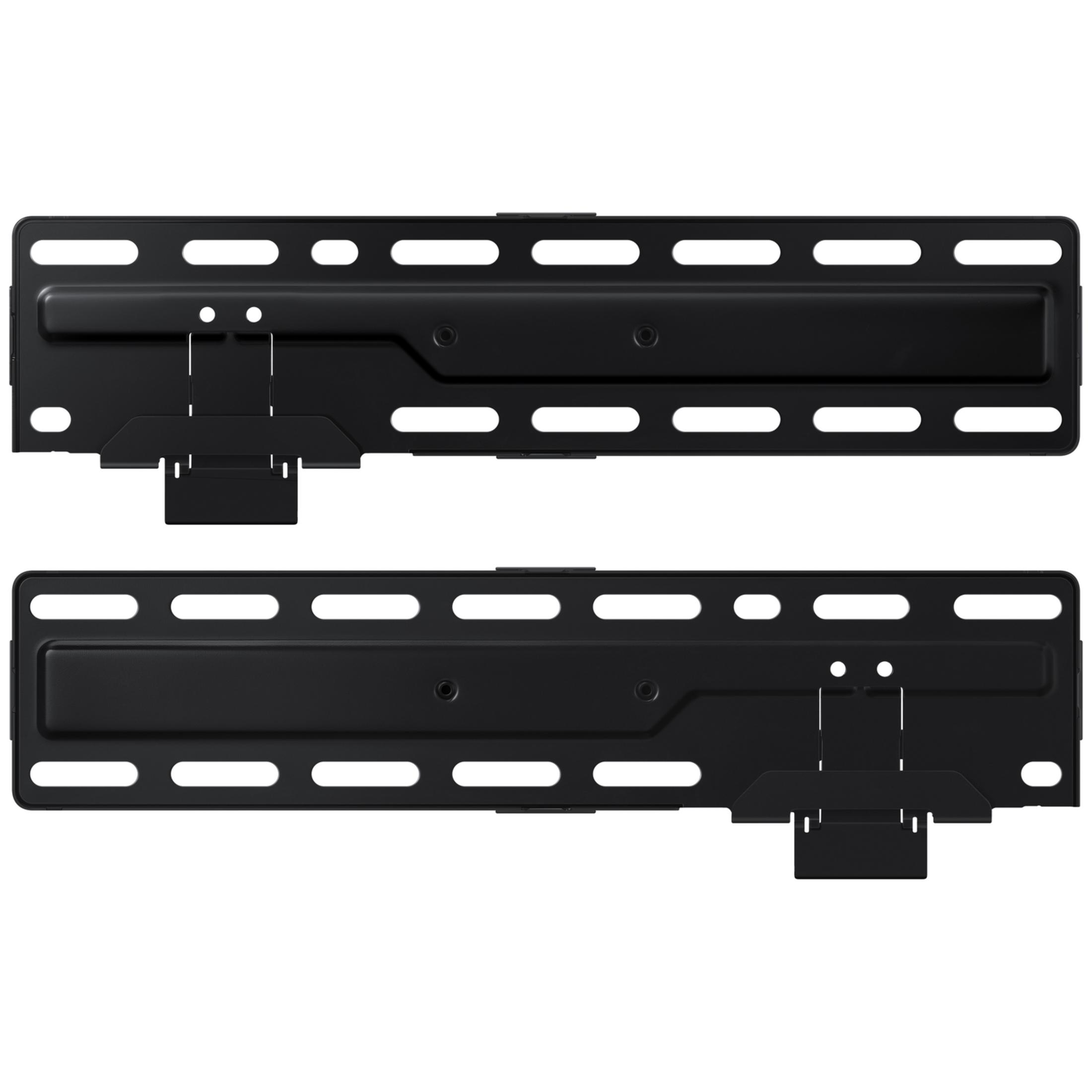 Dos soportes de pared para televisión de metal negro con agujeros alargados sobre fondo blanco.