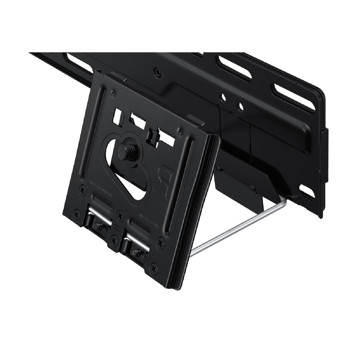 Soporte de pared para TV de metal negro con soporte ajustable y varillas de metal plateado sobre fondo blanco.