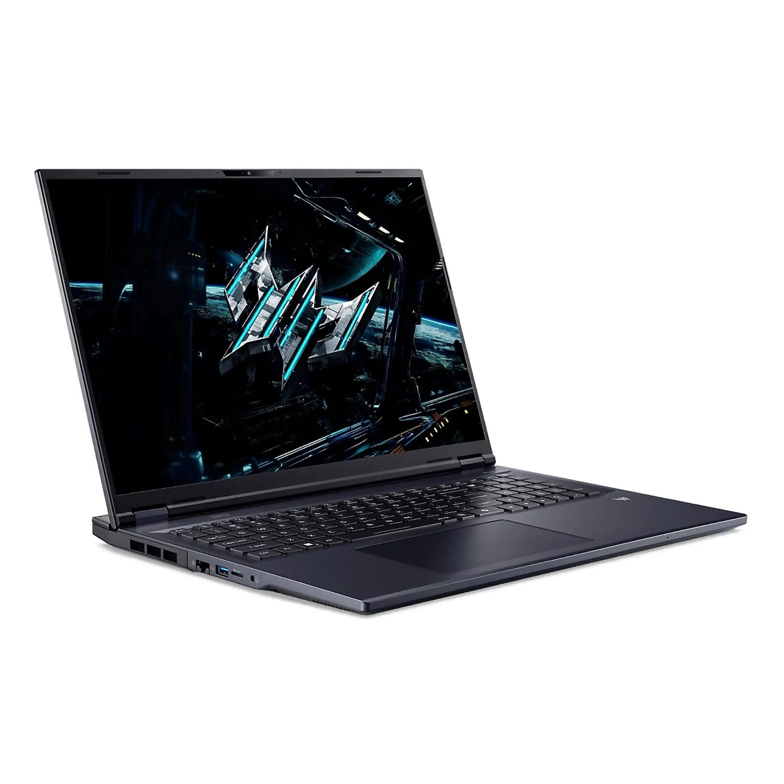Un laptop da gioco nero con logo illuminato sullo schermo su sfondo bianco.