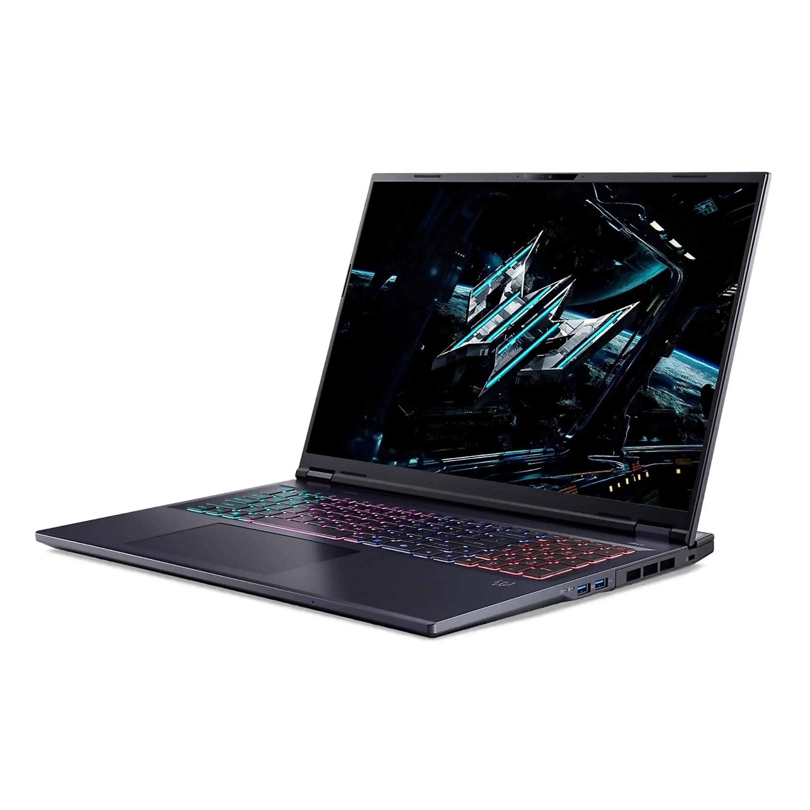 Un computer portatile da gioco nero con tastiera RGB illuminata e sfondo desktop fantascientifico, da angolatura.