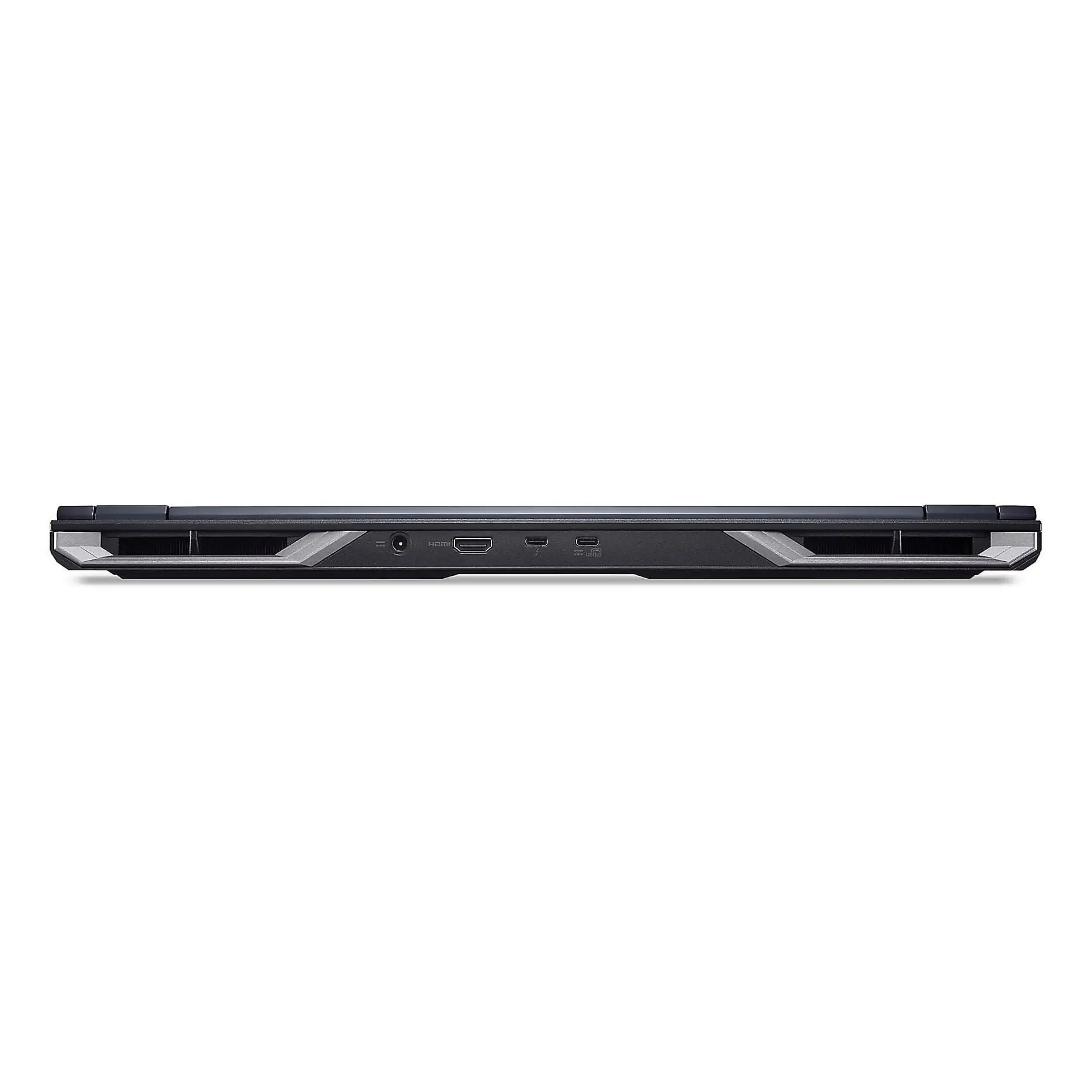 Vista posteriore di un laptop nero con porte e prese d'aria.
