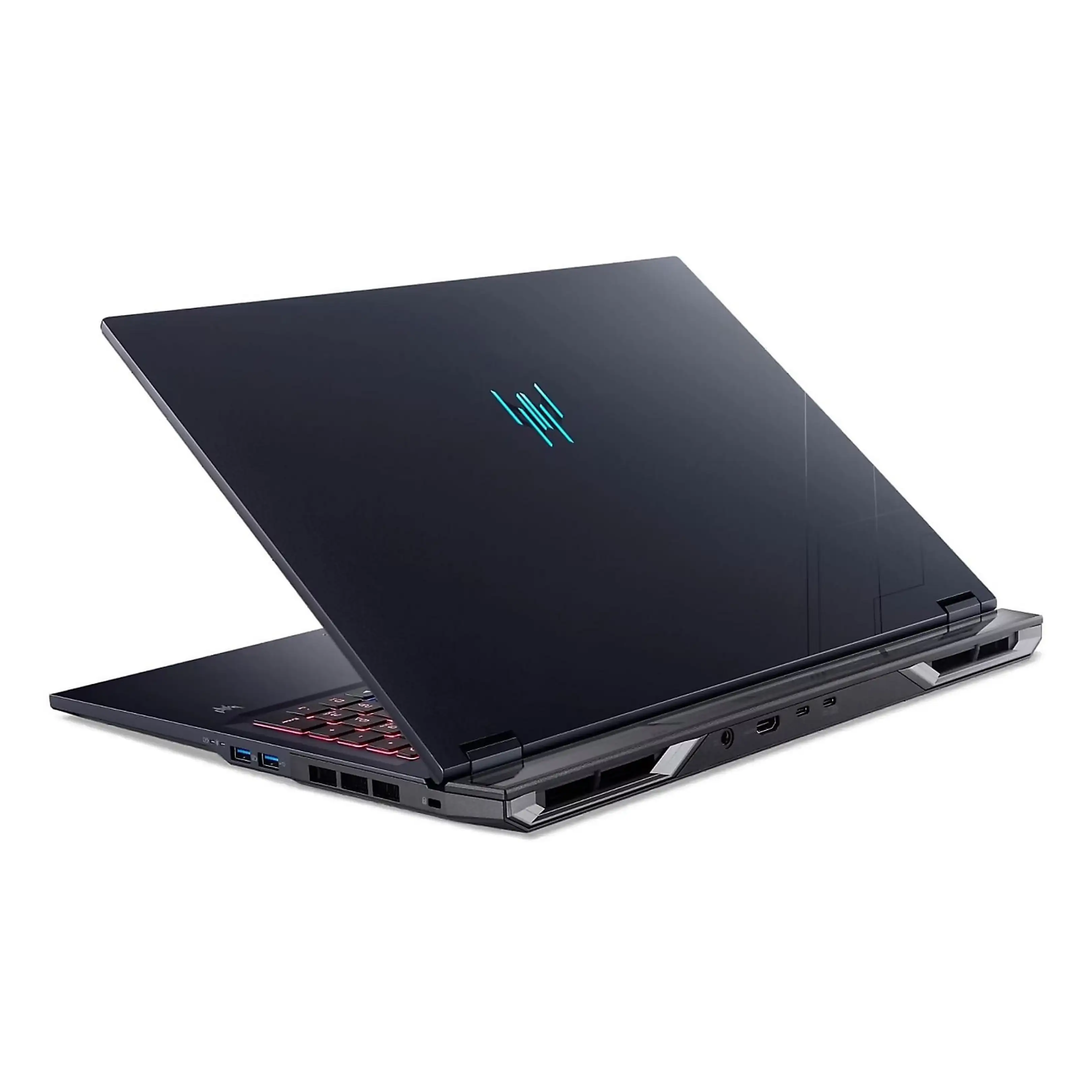 Un laptop da gioco nero con logo blu luminoso sul coperchio poggia su una superficie bianca con sfondo nero.