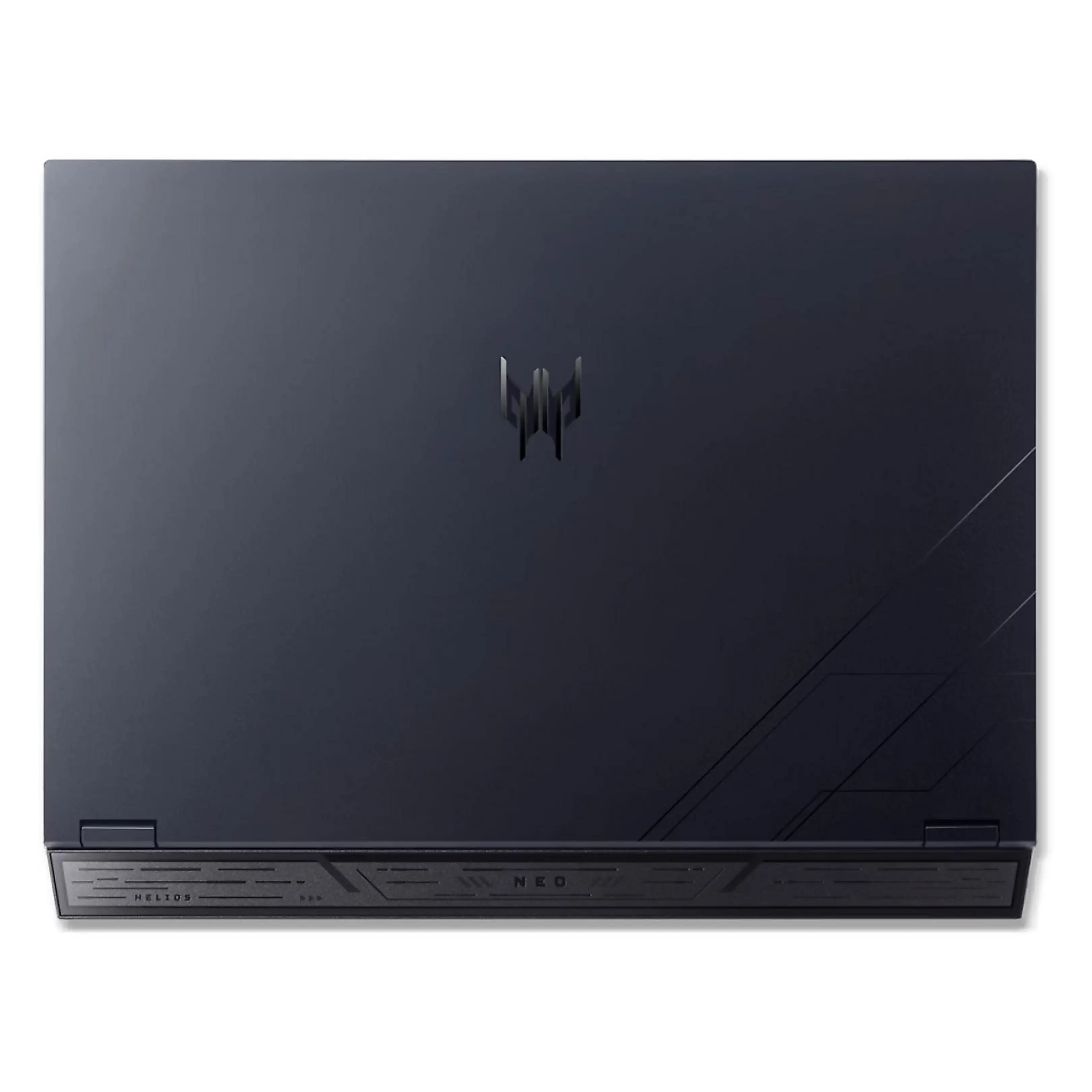 Coperchio del laptop scuro con logo lucido al centro e scritta Helios Neo sul retro.