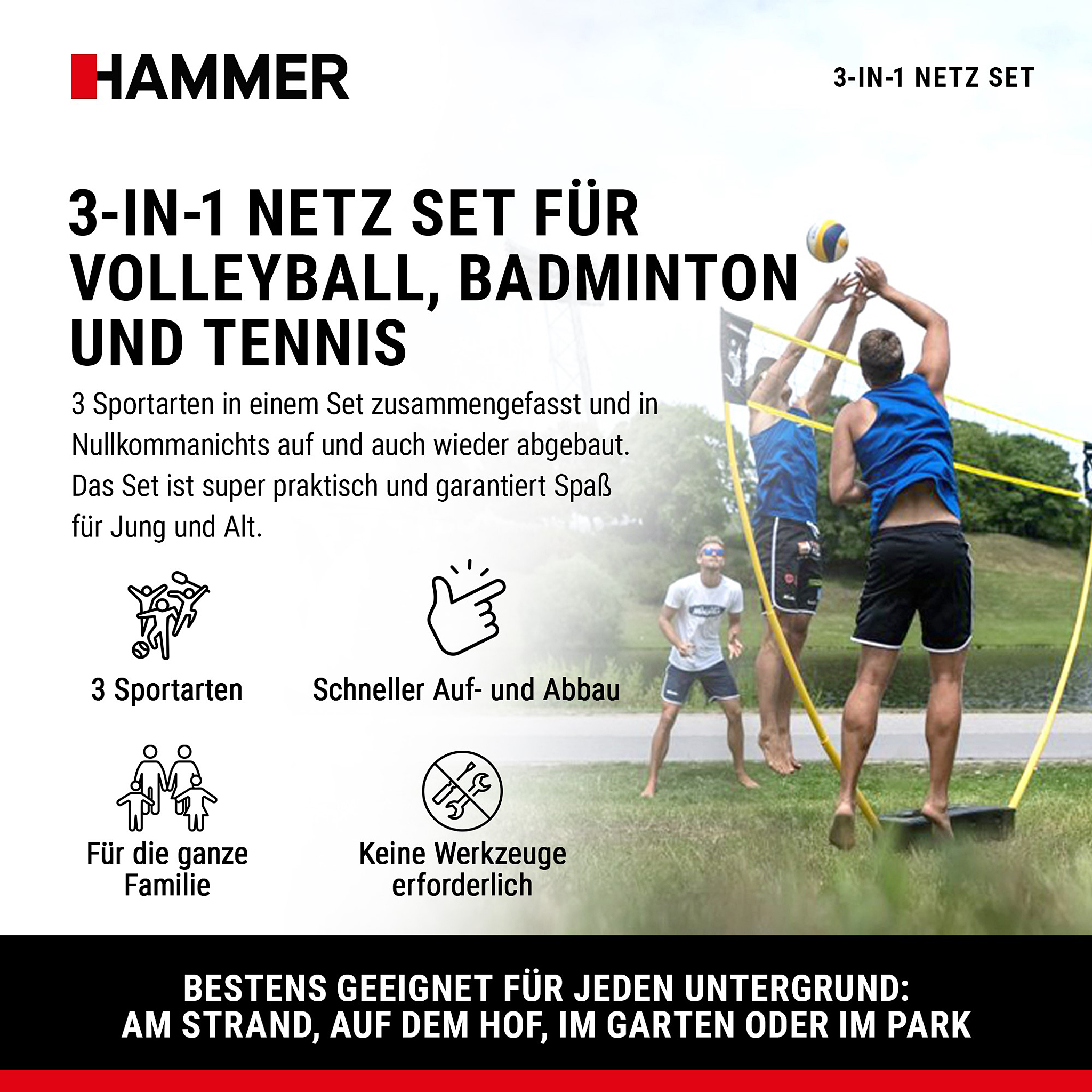 Werbung für ein 3-in-1-Netzset für Volleyball, Badminton und Tennis mit spielenden Männern im Park.